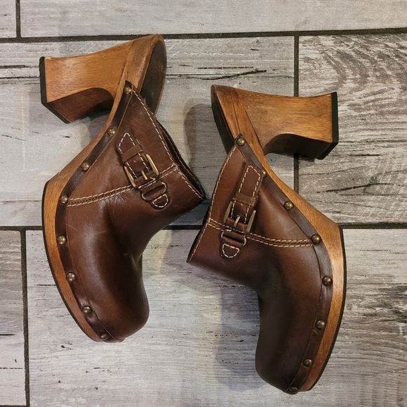 MIA Women's 10 Brown Leather studded heeled mules clogs bohemian hippie retro - Picture 2 of 13